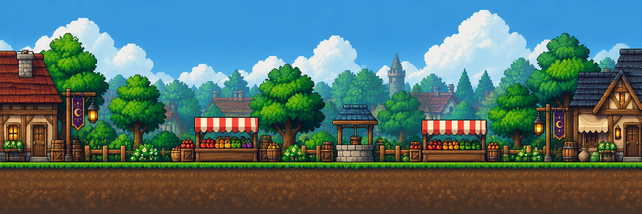 A sunny pixel-art village with market stalls, a well and a dirt path